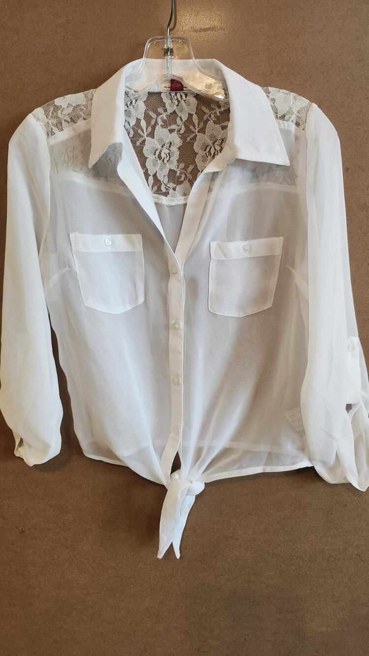 Vintage l.e.i. White Sheer Blouse Lace Back Tie Front Button Up S Y2K WT148
